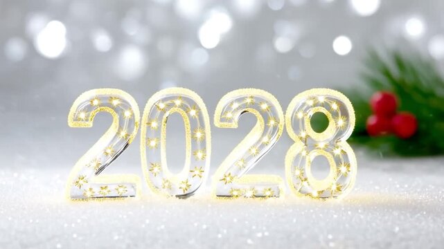 New Year 2028: A celebratory scene displays the upcoming year '2028', set aglow with sparkling lights and adorned with festive winter accents.