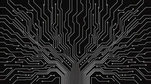 White digital circuit board pattern on a black background abstract design technology