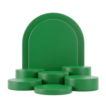 Abstract green stage six display podium with arch backdrop on transparent background