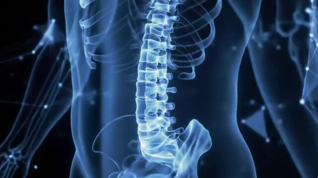A medical video illustration of a human skeleton and spine in blue glowing light on a dark background