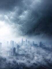 stylized illustration of major cities layered with PM2.5 pollution levels shown as thick clouds. The visual communicates data driven awareness and the invisible danger of fine particles affecting 