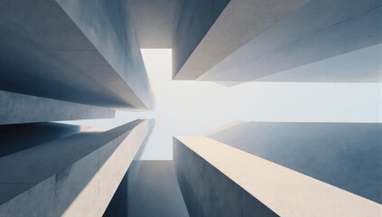 Fototapeta premium Upward perspective through concrete structures, reaching for bright sky