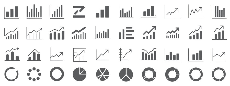 Business chart and graph vector icon collection including growing bar 60 icons, statistics symbols, analytics diagrams, up and down arrows, data visualization, and financial performance graphics.