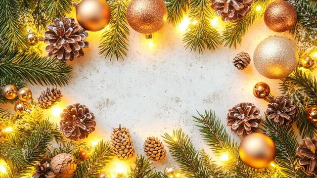 Festive Christmas Ornament and Decoration Border: A festive arrangement featuring shimmering ornaments and pinecones, adorning vibrant fir branches, creating a warm, inviting frame for holiday cheer.
