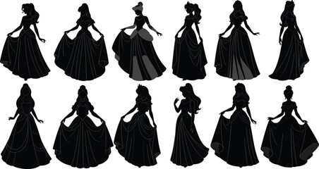 Black princess silhouettes in elegant gowns, posing gracefully, vector illustration for fairy tale and fantasy design. © Nahl