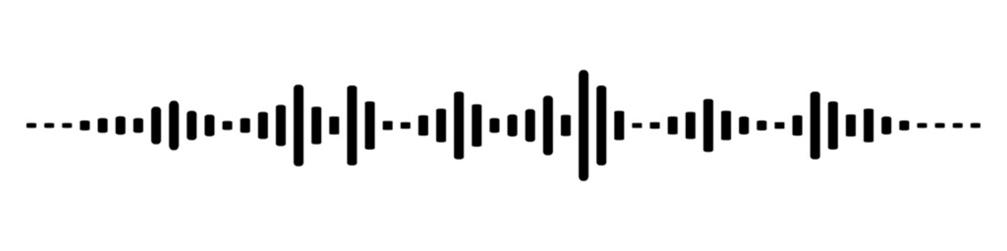 Horizontal audio spectrum bar visualization on white background, black equalizer waveform, minimal flat design, sound and music concept