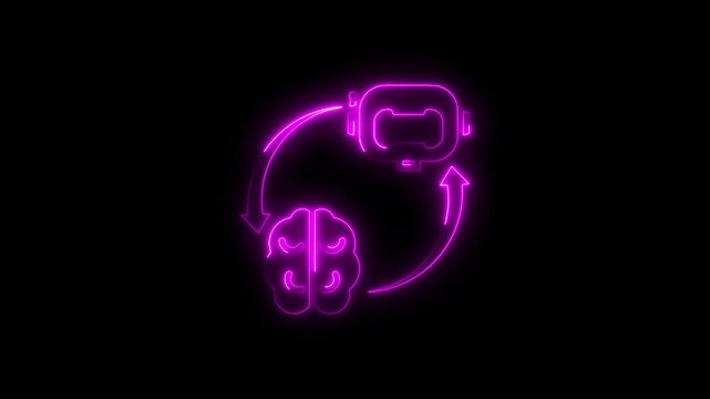 Neon pink glowing VR headset and brain icon with circular arrows on black background virtual reality