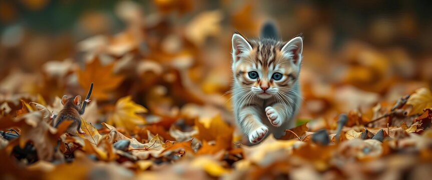 A tiny kitten, paws outstretched, chases a fleeing mouse through swirling autumn leaves,  game,   whimsical