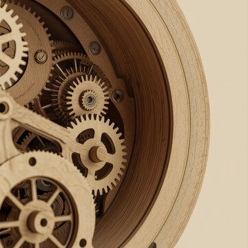 Macro of a Complex Clockwork Mechanism Carved Entirely Out of Light Oak Wood (generative ai)