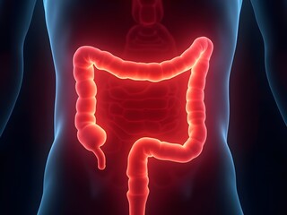 Human Colon Anatomy with Red Glow Highlight, Digestive System Health Awareness Concept.