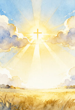 Glorious vision of a cross floating in the sky amidst opening clouds and pouring holy golden sunlight symbolizing heaven's gate