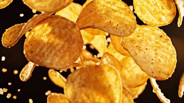 salty potato chips flying on a black background