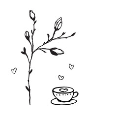 Spring doodle illustration. Magnolia blossom and cup of coffee hand drawn vector illustration. 