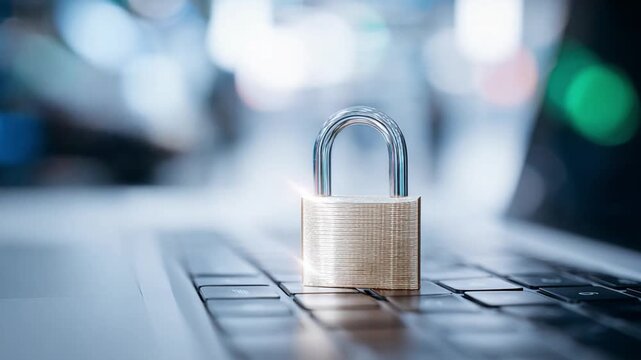 Cybersecurity Lock: A metallic padlock rests protectively upon the keyboard of a laptop, symbolizing digital security and data protection in the face of cyber threats.