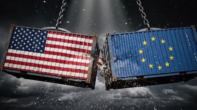 US and EU Trade War Concept. Shipping Containers with Flags Colliding