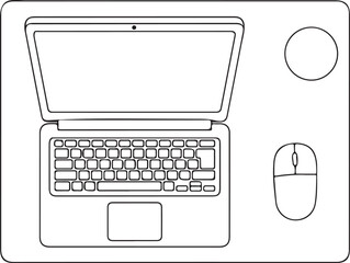 Minimalist Line Art Laptop Setup with Mouse &ndash; Remote Work Desk Vector &ndash; Digital Nomad, Tech Workspace, Computer Icon Design