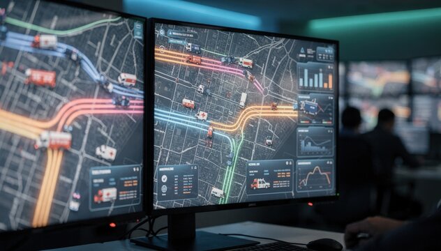 Closeup of large digital maps projecting emergency vehicle movements powered by AI capturing screen details crisply with the dimly lit dispatch room blurred behind.