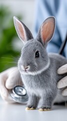 Obraz premium Gray rabbit is being examined by a veterinarian wearing gloves, a stethoscope visible in the background with soft greenery creating a calming atmosphere in the clinic