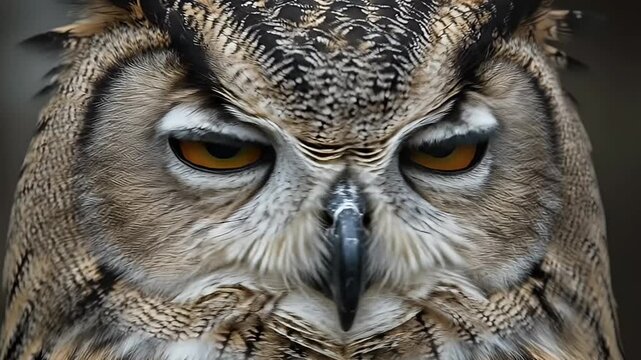 A captivating extreme close-up shot of a majestic bird of prey, showcasing its intense and piercing yellow eyes, formidable hooked beak, and detailed brown feathers. The powerful gaze of the raptor is