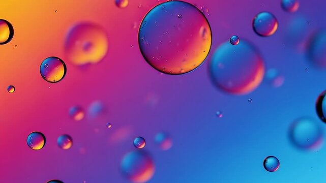 A captivating macro close-up reveals vibrant oil droplets suspended in water, creating a stunning abstract display of fluid dynamics. The myriad spheres, reflecting a mesmerizing gradient of neon oran