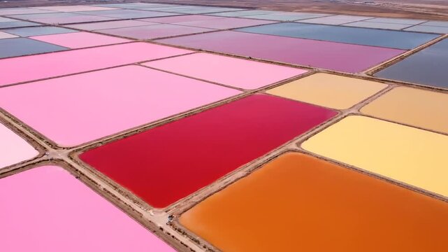 The video features a slow aerial pass over expansive, geometric salt flats, revealing water colored intensely pink, red, orange, and yellow due to brine shrimp and algae, forming a vast, vibrant, abs