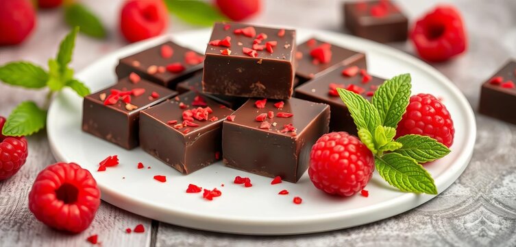 Dark chocolate squares with red chili flakes, fresh mint & raspberries, snack, pepper