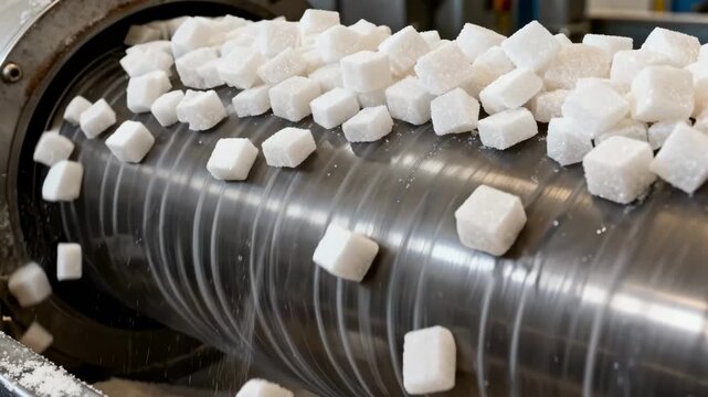 Medium shot showcasing ambient air flow cooling sugar crystals on a vibrating drum emphasizing natural air temperature use in sugar processing operations.