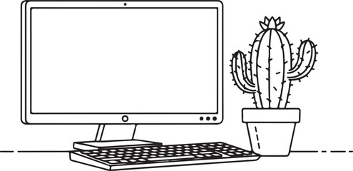 Minimalist Line Art Computer Desk with Cactus &ndash; Modern Home Office Setup Vector &ndash; Remote Work, Digital Nomad, Workspace Design