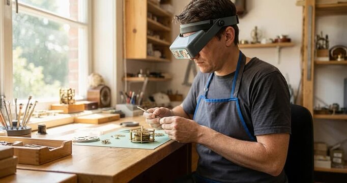 Artisan working on intricate detail with tools and magnifying visor