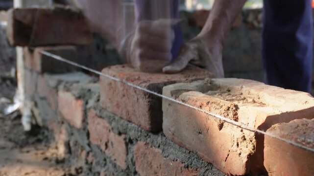 Worker Placing Red Brick on Fresh Mortar Layer