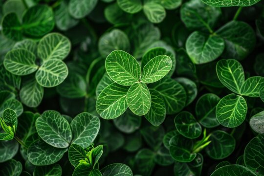 Vibrant green clover leaves displaying intricate patterns in a lush, natural environment