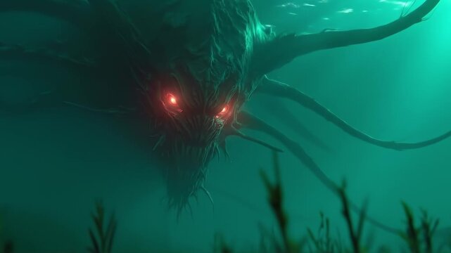 A monster with red eyes swimming in the ocean
