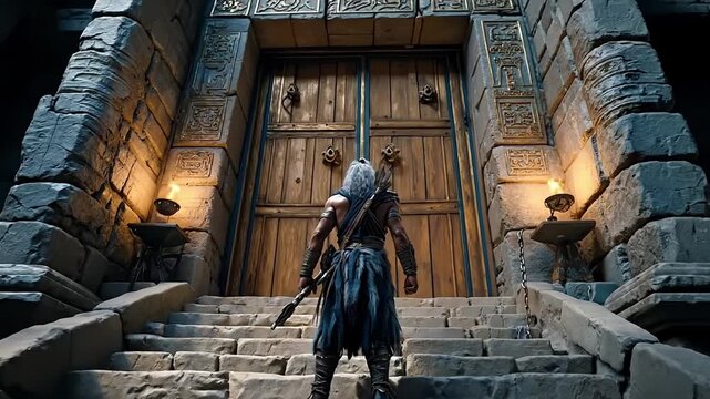 A man in a blue dress walking up some stairs with a bow and arrow