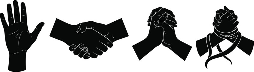 Black and white of hands in various gestures palm handshake prayer clasped