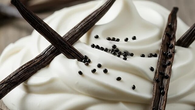 A close-up shot elegantly displays a rich, creamy white dessert topping, beautifully adorned with dark, aromatic vanilla pods and scattered vanilla seeds. The natural, rustic wooden surface in the bac