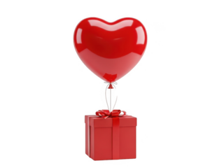 Red heart balloon floating over gift box isolated on transparent background