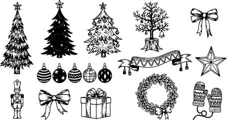 Hand drawn line art christmas icon set with decorated pine trees wreath gifts ornaments and mittens in black ink sketch