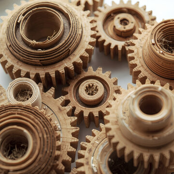 Macro of Precision Gears Made from Layered Recycled Cardboard and Cork (generative ai)