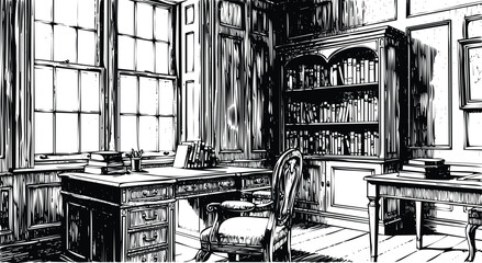 Fototapeta premium Vintage library or study room interior with large windows and wooden desk, black and white sketch