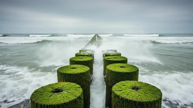 Mossy wooden breakwaters receding into the ocean waves