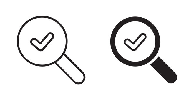 Two magnifying glasses with checkmark symbols line and filled on transparent background silhouette
