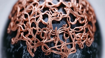 A complex and tangled network of shiny copper wires forms an intricate abstract pattern