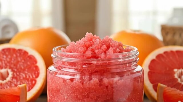 Fresh grapefruit scrub and spa essentials on rustic wooden table
