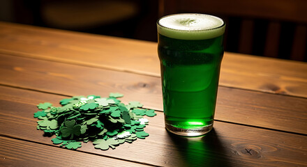 Refreshing green beer and shamrock confetti on a wooden table for st. patrick's day celebration