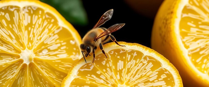 Half lemon, honey bee perched on rind, balanced composition, skin, organic