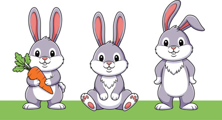 Obraz premium Set of three cute cartoon rabbit characters vector illustration with one holding a carrot sitting and standing isolated on white background for kids