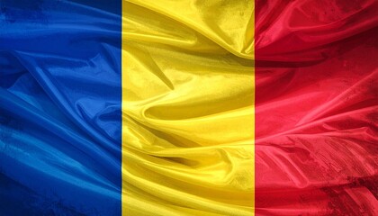 Romanian flag in scenic mountain landscape with traditional wooden church and misty sunrise glow