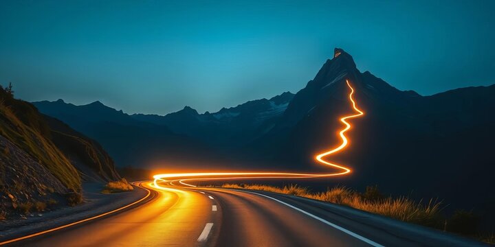 Headlight streaks paint luminous curves on a steep mountain road ascending to a majestic peak, journey, hill