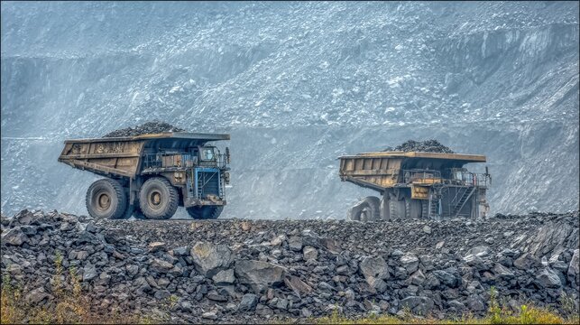Massive haul trucks move excavated material across a large surface mine terrain