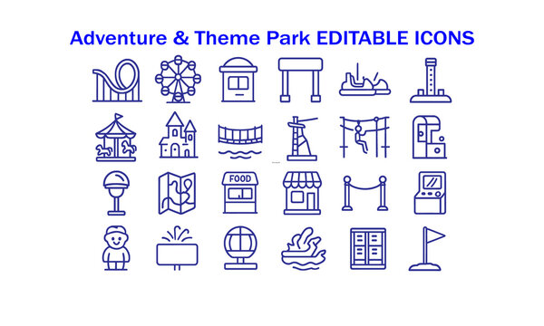 A comprehensive collection of adventure and theme park editable outline icons for fun attractions